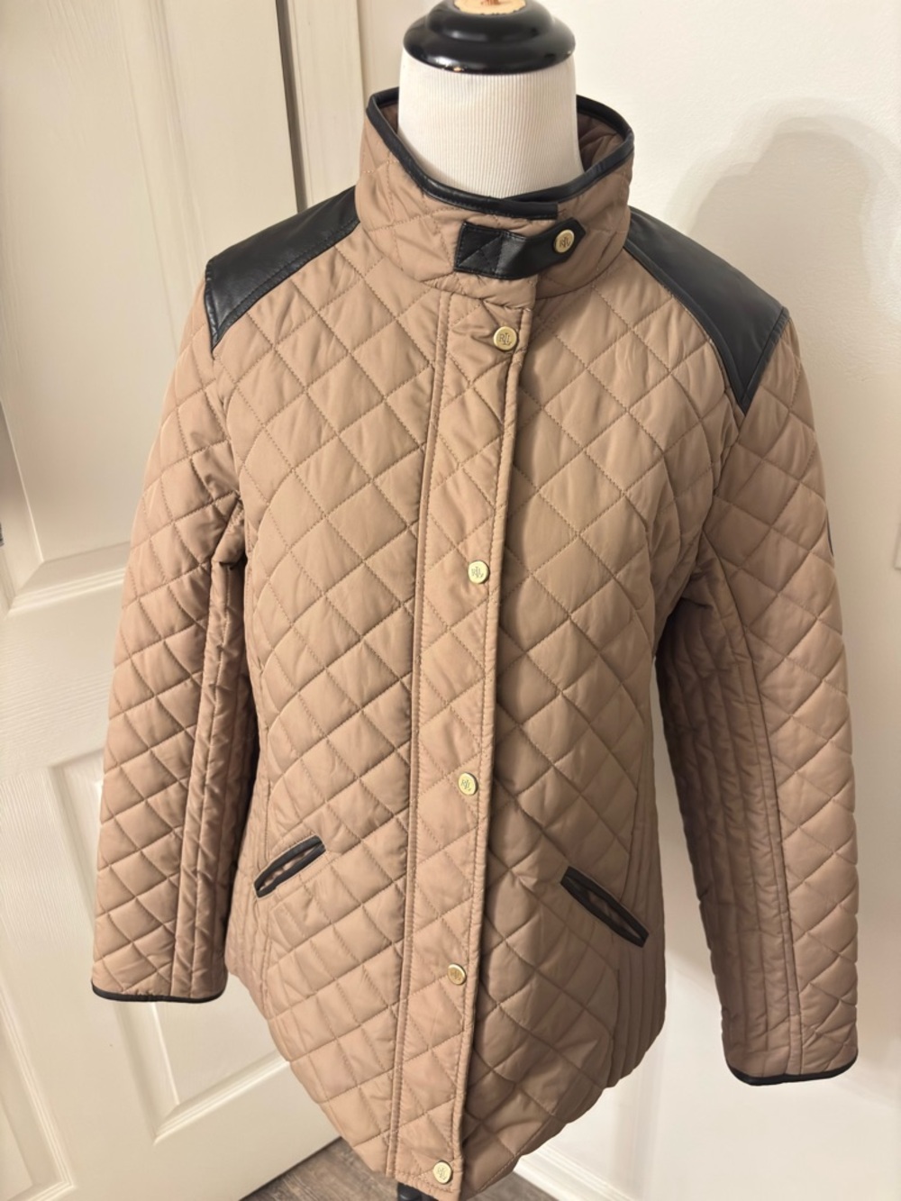 Lauren Ralph Lauren Quilted Tan Puffer Jacket with Black Trim
